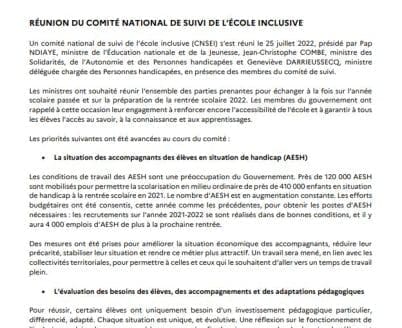 Communiqué du comité national de suivi de l’école inclusive